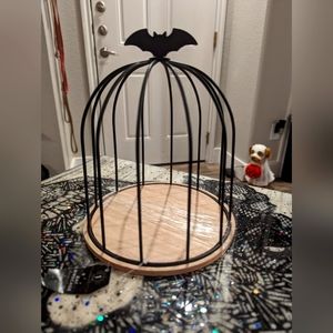 Spooky Halloween Metal Bat Cloche wood base decor